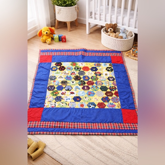 Handmade Kids Quilt 41x35” Hexagon Patchwork Bright Primary Colors - Picture 2 of 7